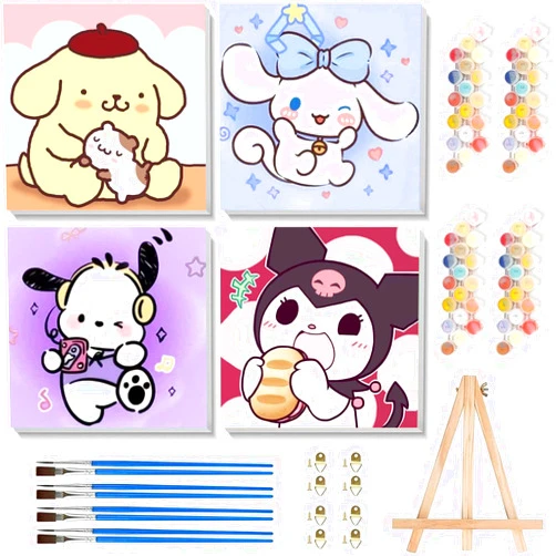 Sretoul 4 Pack Cartoon Paint by Numbers Kit for Kids with Frame - Wooden Easel, Cute Kids Paint by Numbers Ages 4 8 12, DIY Acrylic Oil Painting for Home Wall Decor (8x8 inch)