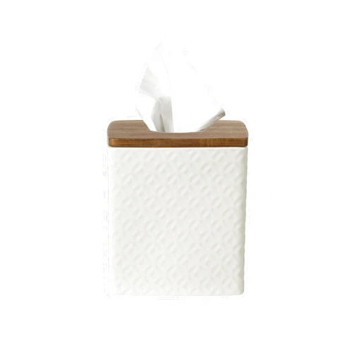 Motifeur Bathroom Accessories - Ceramic Tissue Holder with Wooden Lid, Decorative Square Tissue Cover Box (White and Beige)