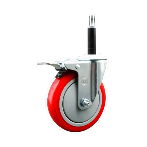 Service Caster Polyurethane Expanding Stem Swivel Caster with 5 Inch Red Wheel and 3/4