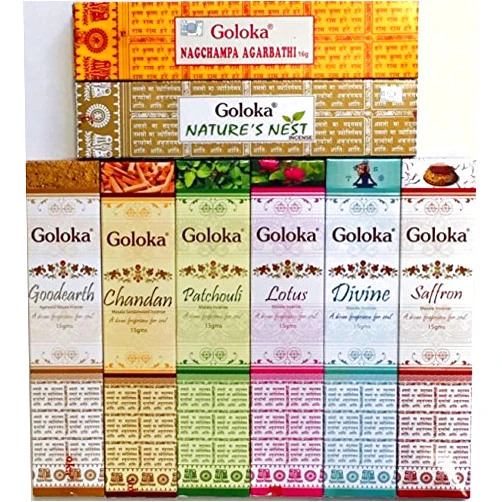 GOLOKA Set of 8x15g Boxes of Nag Champa Patchouli Chandan Goodearth Saffron Divine Lotus Nature's Nest
