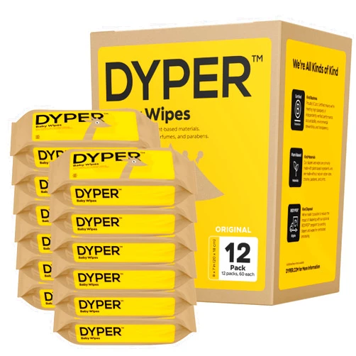 DYPER Baby Wipes | 99% Water Wipes | 100% Plant-Based | Hypoallergenic for Sensitive Skin | Fragrance Free | Plastic-Free | 12 Pack, 720 Wipes