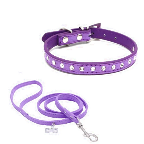 Avenpets Bling Crystal Dog Collar with Leash Set Cute Rhinestone Bone Tag Jeweled Set Soft Suede Leather Cat Puppy Dogs Collar and Leash Combo Set, Purple, S:10-13