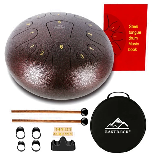 EASTROCK Steel Tongue Drum 13 Note 12 Inch Percussion Instrument Handpan Drum C Key for Meditation Entertainment Concert Yoga with Travel Bag, Mallets, Music Book (Brown)