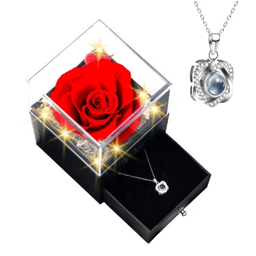 DF DUALFERV I Love You Necklace 100 Languages, Preserved Rose with Necklace, 925 Sterling Silver Rose Necklace for Women Mom Wife Girlfriend with Box on Wedding Anniversary Valentines Day Mother’s Day
