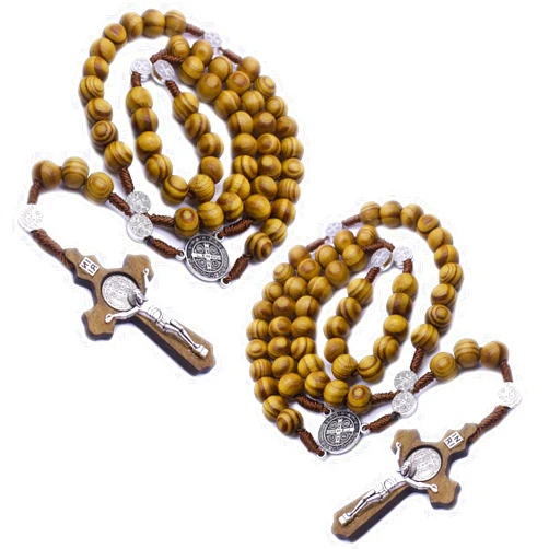 CHENGXIN PLESIU 2 Pack Wooden Rosary Beads Catholic for Men, Saint Benedict Handmade Jesus Statue Cross Pendant Rosary Necklace