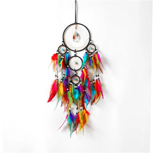 Pretty Jolly Colourful Feather Dream Catchers Wall Decor with Chakras Tree of Life Crystal Stone Ornament Handmade Dreamcatchers for Adult Boys Girls Bedroom Dorm Party Birthday Blessing Gift-5Rings