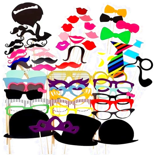 Rowae Party Props for Photo Booth Birthday Wedding Kids Adult Prom 58 Pcs, Rowae DIY Funny Costumes with Mustache on a Stick, Hats, Glasses, Mouth, Bowler, Bowties