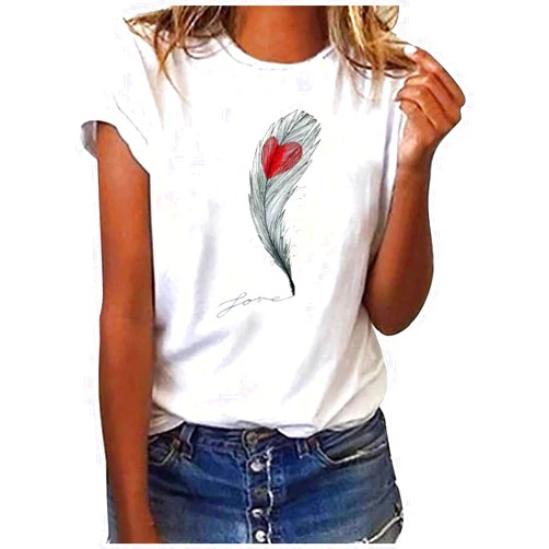 SMIDOW Cute Summer Tops for Women 2024 Dressy Casual Feather Print Shirts Short Sleeve Graphic Tees Basic Tshirt