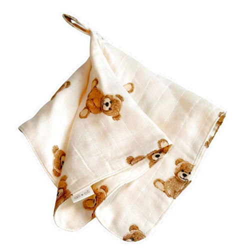 Ali+Oli Security Blanket for Baby – Teddy Bear Pacifier Holder, Soft Muslin Cuddle Blanket with Lead-Free Snap, 15