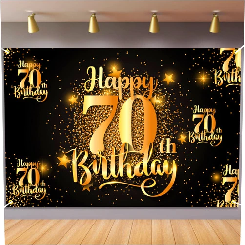 NC Mnixy Happy 70th Birthday Backdrop Banner Step and Repeat 70 Years Old Background Decorations for Women Men Her Him Photography Party Supplies Glitter Black Gold(1)