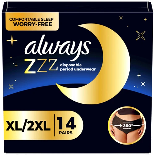Always ZZZ Overnight Disposable Period Underwear for Women Size XL-2XL, 360° Coverage for Worry-Free Nights and Comfortable Sleep Period Protection, 7 Count x 2 Pack (14 Count Total)