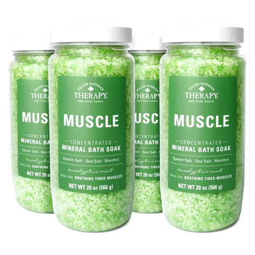 Village Naturals Therapy, Muscle Concentrated Mineral Bath Soak, Eucalyptus Mint Scent, 20 oz, Pack of 4