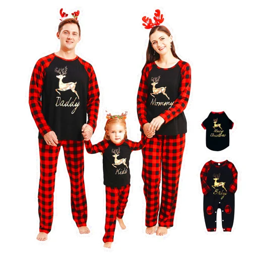 Camidy Family Matching Outfits Christmas Pajamas Set Reindeer Striped Xmas Sleepwear Homewear PJ for Pet Baby Kids Mom Dad