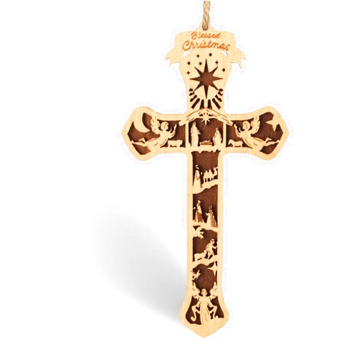 Creawoo Nativity Cross Christmas Story Ornament, Religious Holy Family Present for Family Friends and Christian, Wooden Nativity Scene Decoration for Xmas Tree