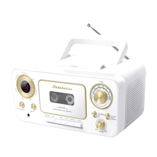 Spectra Merchandising Studebaker SB2135WG Portable Stereo CD Player with AM/FM Radio and Cassette Player/Recorder in White and Gold