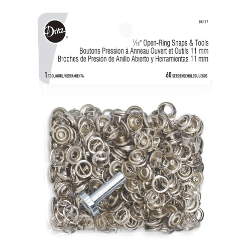 Dritz Snap Fasteners, 7/16″ - Open-Ring Nickel Snaps with Hand Tools – No-Sew Snap Kit for Clothing, Kids’ Wear, DIY Crafts & Repairs, 60 Set