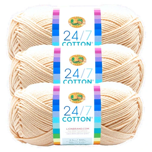 Lion Brand Yarn Lion Brand 24/7 Cotton Yarn, Lightweight Yarn for Knitting, Crocheting, and Crafts, Ecru, 3 Pack