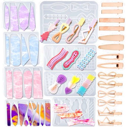 FUNSHOWCASE Pearl Hair Clip Jewelry Casting Molds for Acrylic Resin Barrette DIY, Epoxy, Clay, with Metal Accessories 22-in-set