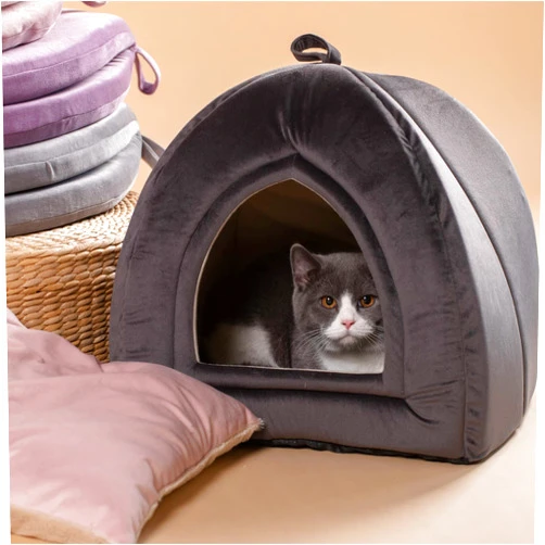 KASENTEX Cat Bed for Indoor Cats, 2-in-1 Cat House Pet Supplies for Kitten and Small Cat or Dog - Animal Cave, Cat Tent with Removable Washable Pillow Cushion (Dark Grey 15x15x15)