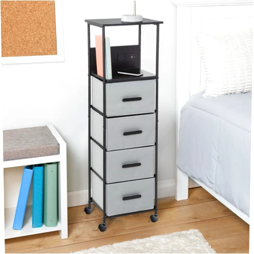 Honey-Can-Do Rolling Cart with 4 Drawers, Fabric Small Dresser Organizer Vertical Storage with Charging Station (USB and USB-C), Nightstand Side Table for Dorm Room, Bedroom, Black and Gray