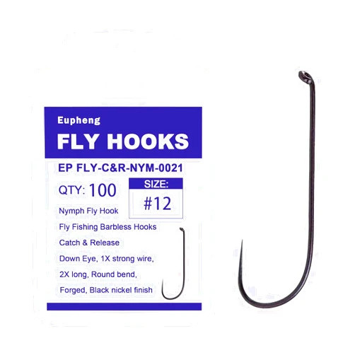 EUPHENG Fly Fishing Hooks 100pc Pack Barbless Catch & Release Dry Wet Nymph Shrimp&Pupa, Streamer, Caddis, Jig, Scud Flies Fishing Hooks