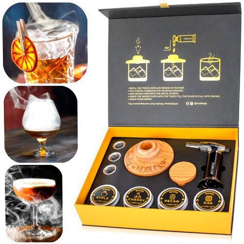 NobleSip Old Fashioned Smoker Kit 𝗣𝗥𝗘𝗠𝗜𝗨𝗠, all you need to smoke your favorite Cocktail Drinks, Whiskey, Bourbon, or Scotch. Smoky by NOBLESIP with designer gift bar case, a great home bar gift for men!