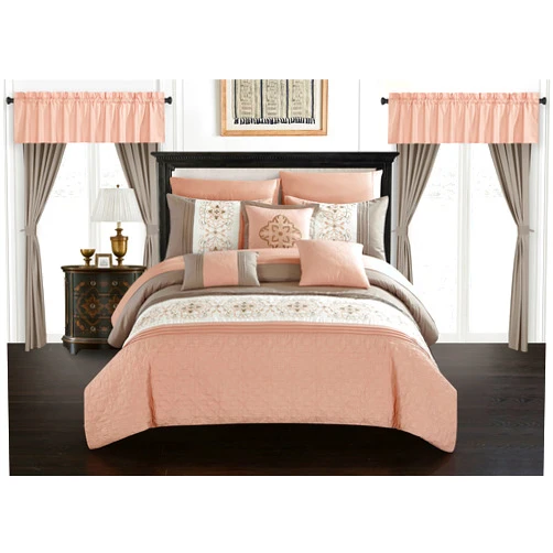Chic Home Emily 20 Piece Comforter Set, Color Block Floral Embroidered Bag Bedding-Sheets, Decorative Pillows Shams Included, Queen, Coral