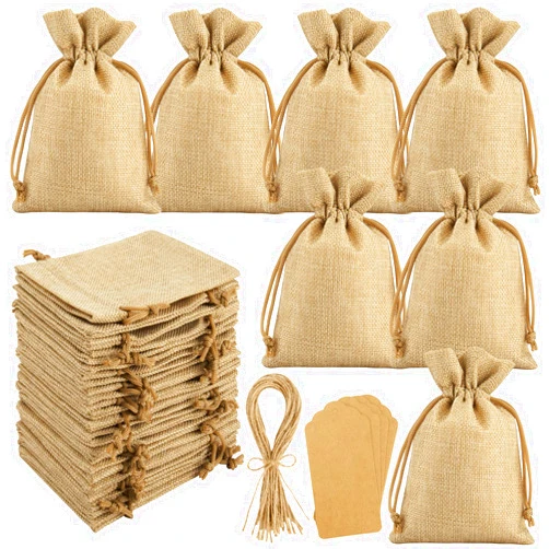 Hopttreely 25PCS Burlap Gift Bags With Drawstring, 5x7 Large Drawstring Gift Bag Bonus Gift Tags & String, Jewelry Pouches for Wedding Party Favors, Coffee, DIY Craft, Christmas, Festival Presents