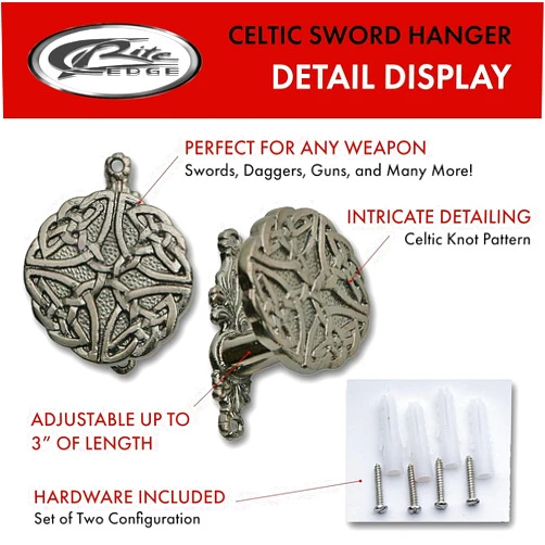 SZCO 3” Celtic Sword Expandable Hanger Wall Mount – Adjustable Cast Metal Display Hook Set for Swords, Daggers, Pistols, Canes – Decorative Wall Stand, Katana Wall Mount, Sword Holder & Gun Rack