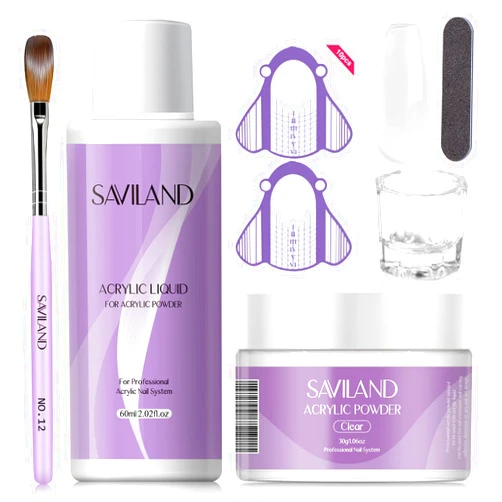 SAVILAND Acrylic Nail Kit – 30g Clear Acrylic Powder & 60ml Acrylic Liquid Set with Nail Brush Nail Forms Tools Extension Nail Kit for Beginners with Everything for Home DIY Salon Nails Application