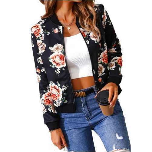 DIERAN Womens Fall Jacket Long Sleeve Zipper Floral Print Zip Up Bomber Jacket Winter Coat Outwear