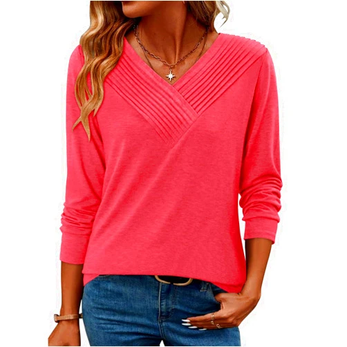 ONLYSHE Long Sleeve Shirts for Women Fashion V Neck Basics Casual Top Fitted Tunic Tops
