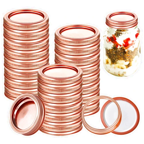 Aulufft Mason Canning Lids and Rings,Aulufft 24 Sets Mason Jar Split-type Lids and Bands Leak Proof Secure Stainless Steel Mason Storage Covers, Rose Gold
