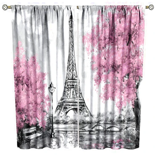 FAOTELY Eiffel Tower Curtains Romantic Couple Pink Tree Paris Blackout European City Landscape France Famous Scenic Window Drapes for Bedroom Living Room Kitchen Cafe Decor （W21xL45 Inch） x2 Panels