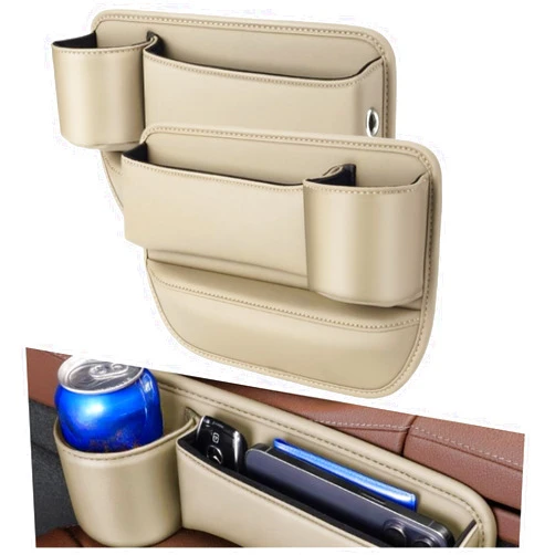ST SoleMe.Tc Leather Car Seat Storage Box Slot & Slit Gap Pocket with Cup Holder Seat Side Filler Organizer for Car Truck SUV, 2 Pack (Beige, Driver's and Passenger's)
