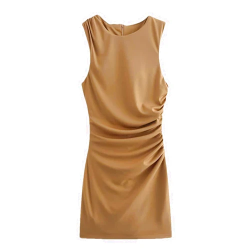 Mnjyihy Women's Casual Round Neck Short Dress Elegant Sleeveless Solid Folds Zipper Pleated Mini Dresses