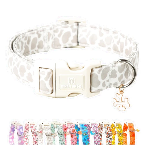M MACA BATES Maca Bates Beige Leopard Dog Collar Cow Print Puppy Collars Durable Comfortable Adjustable Birthday Gift for XS Small Medium Large XL Girl Boy Female Male Dogs Pet with White Buckle