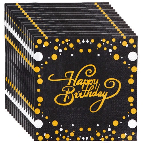 CALIDAKA 40Pcs Happy Birthday Napkins,Gold and Black Party Supplies Disposable Napkins,Party Serviettes, Cocktail Napkins with Gold Foil for Birthday Party Decoration