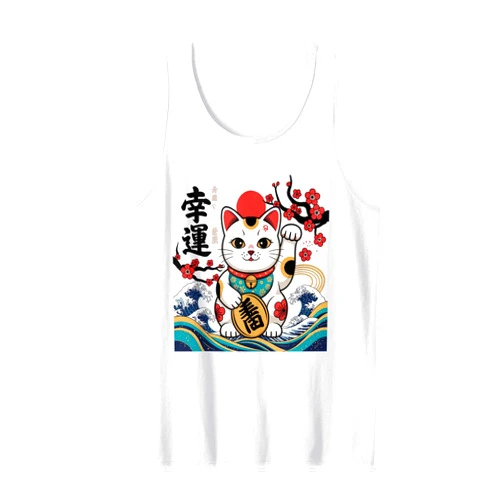 Trendora Lucky Maneki-Neko – Japanese Fortune Cat Art Tank Top