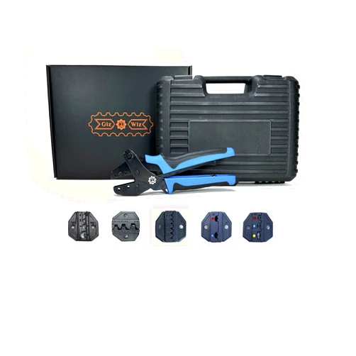GIZWIZ Professional Parallel Action Crimp Tool Kit 5pcs Interchangeable Jaws with Thumb Screws For Flag/Open Barrel/Pin/Ring/End-Sleeve Wire Terminals