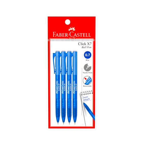 Faber-Castell Click X Ball Pen Pack of 4 (0.5/0.7mm - Black/Blue/Red) -Super Smooth, Comfort Grip, Water Resistant, Developed with German Ink Pen, Smear Free Pen (0.7mm (Blue))