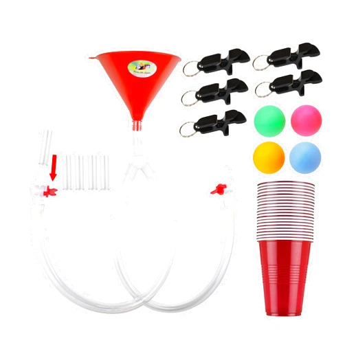 Party Like Sophia Beer Bong Funnel Mega Party Pack - Double Header, 4 Beer Pong Balls, 20 16oz Cups Beer Pong Set, 5 Shotgun Tool Bottle Opener Keychain, 5 Mouthpieces, 2 Extra Long 2.5 feet (30 inch) Kink Free Tube