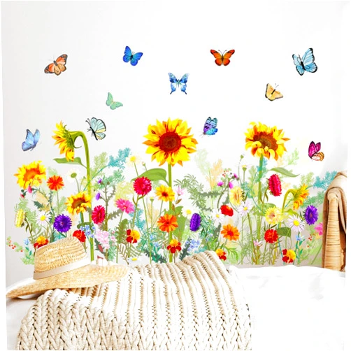 Dosminer Flowers Vine Wall Stickers Sunflowers Daisy Wall Decals for Living Room, Butterfly Wall Decor Posters Colorful Floral Wall Stickers Chrysanthemum Wall Murals Decorations for Bedroom Office