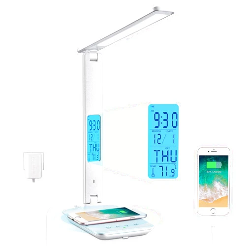LAOPAO LED Desk Lamp with Wireless Charger, USB Charging Port, Adjustable Foldable ​Table Lamp with Clock, Alarm, Date, Temperature, 5-Level Dimmable ​Lighting​, Office Lamp with Adapter