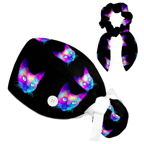 Generic Bouffant Scrub Hats with Buttons Sweatband and Hairband Surgical Bouffant Caps for Women, Cats and Dogs Animal