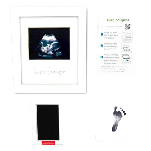 Green Pollywog | Sonogram Picture and Hand/Footprint Kit | Elegant White Picture Frame | Non-Toxic | Inkless Footprint | Baby Footprint Frame | Newborn Footprint Kit | Baby Ink Pad
