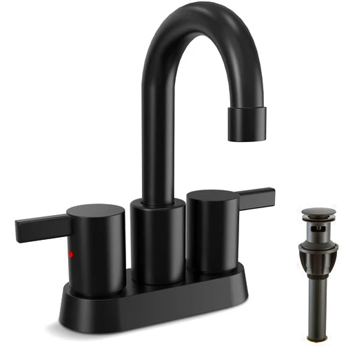 YAGATAP 4 Inch Bathroom Faucets for Sink 3 Hole, YAGATAP Faucet for Bathroom Sink with Pop-up Drain & 2 Supply Hoses,Stainless Steel Lead-Free 2-Handle Centerset Faucet 360 Swivel Spout Matte Black