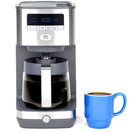 GE Drip Coffee Maker With Timer | 12-Cup Glass Carafe Coffee Pot With Adjustable Keep Warm Plate | Wide Shower Head for Maximum Flavor | Kitchen Essentials | Stainless Steel