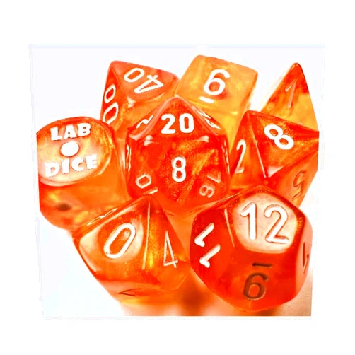 Wondertrail Borealis Blood Orange Luminary Dice with White Numbers 7+1 Dice Set 16mm (5/8in) Chessex