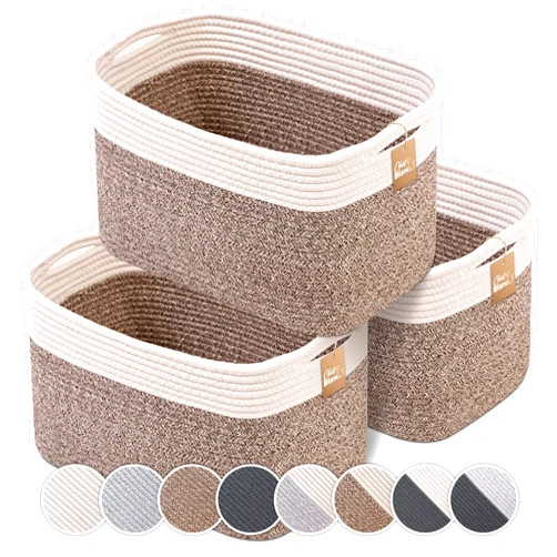 CHAT BLANC Cotton Rope Baskets for Organizing | 15”x10”x9” Storage Baskets for Shelves | Small Laundry Woven Baskets for Storage, Dog Toy Bin, Baby Basket,Off White&Brown 3 Pack